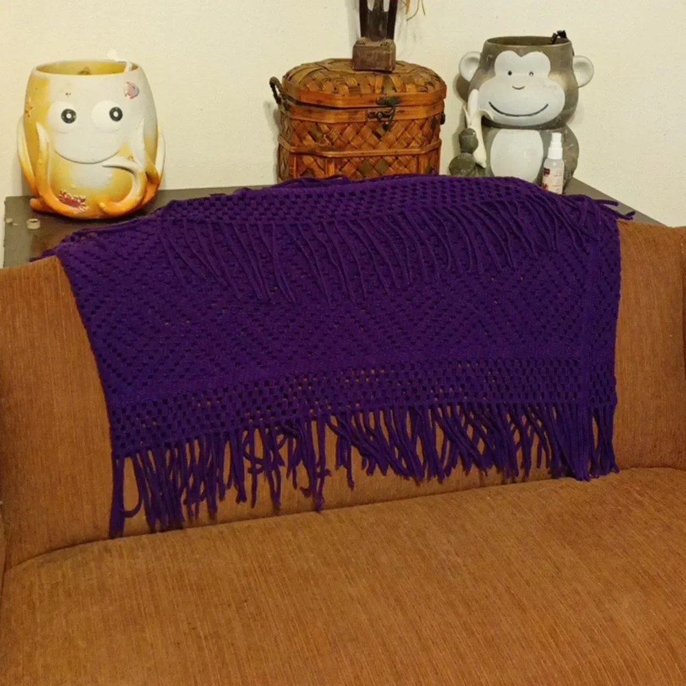 Purple Knit Shawl blanket love seat throw handmade crochet multi cover up Afghan